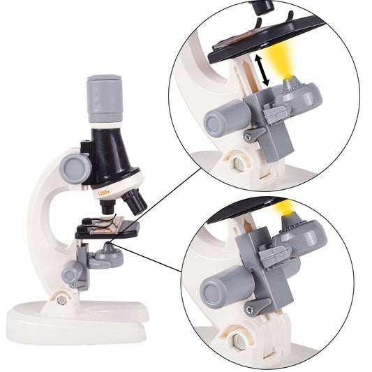 Microscop Stiintific Pentru Copii Scientific Microscope idealStore, Dimensiuni 21 x 12 x 7 cm, Trei Tipuri de Marire, Cap Rotativ, Lampa pentru Iluminat, Inaltime Reglabila, Accesorii Incluse