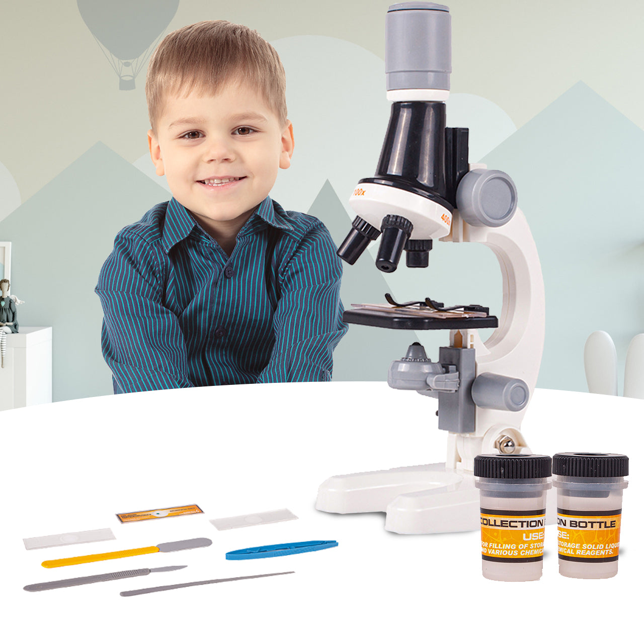 Microscop Stiintific Pentru Copii Scientific Microscope idealStore, Dimensiuni 21 x 12 x 7 cm, Trei Tipuri de Marire, Cap Rotativ, Lampa pentru Iluminat, Inaltime Reglabila, Accesorii Incluse