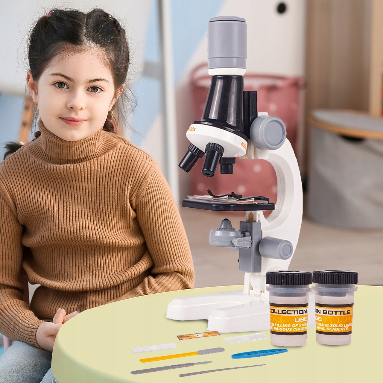 Microscop Stiintific Pentru Copii Scientific Microscope idealStore, Dimensiuni 21 x 12 x 7 cm, Trei Tipuri de Marire, Cap Rotativ, Lampa pentru Iluminat, Inaltime Reglabila, Accesorii Incluse