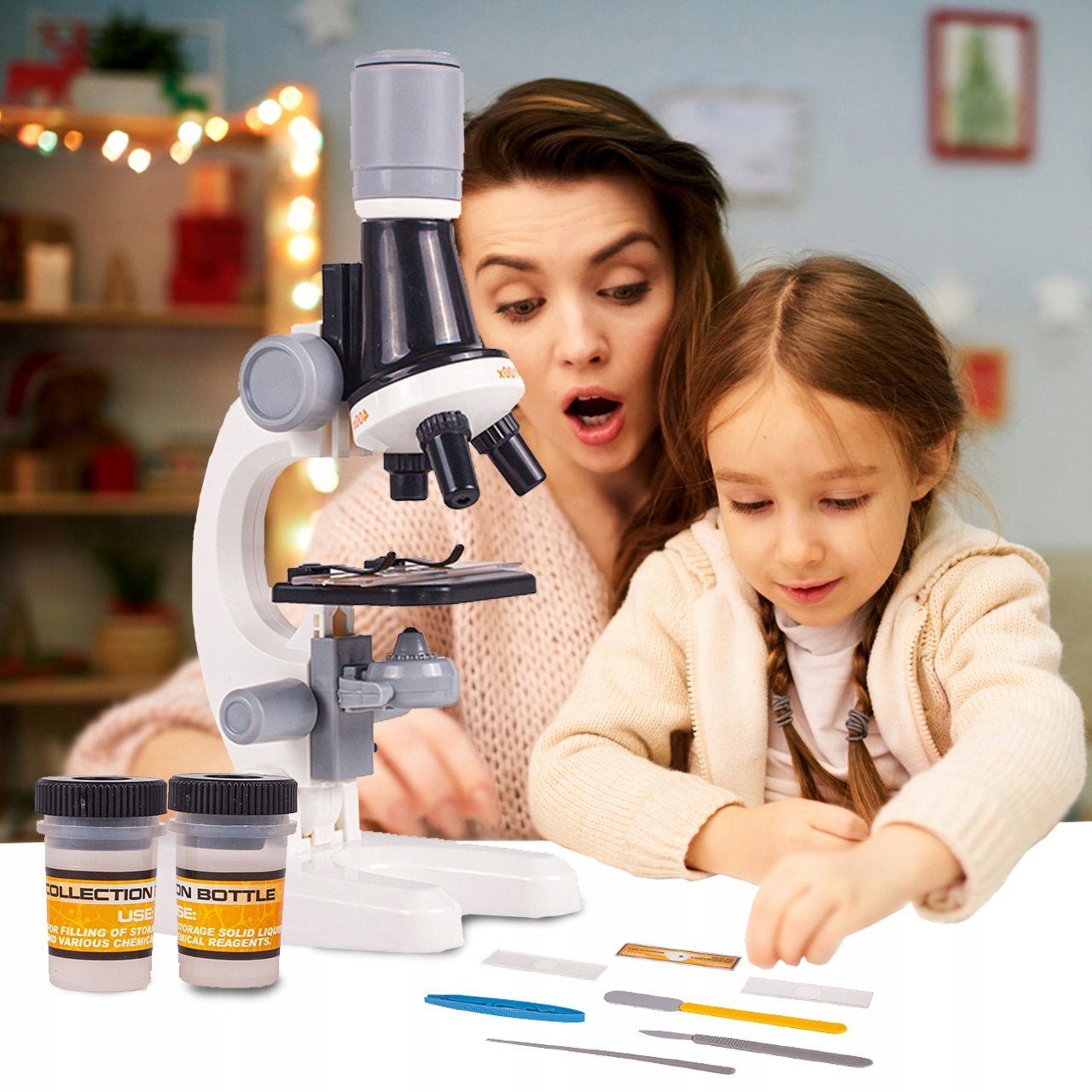 Microscop Stiintific Pentru Copii Scientific Microscope idealStore, Dimensiuni 21 x 12 x 7 cm, Trei Tipuri de Marire, Cap Rotativ, Lampa pentru Iluminat, Inaltime Reglabila, Accesorii Incluse