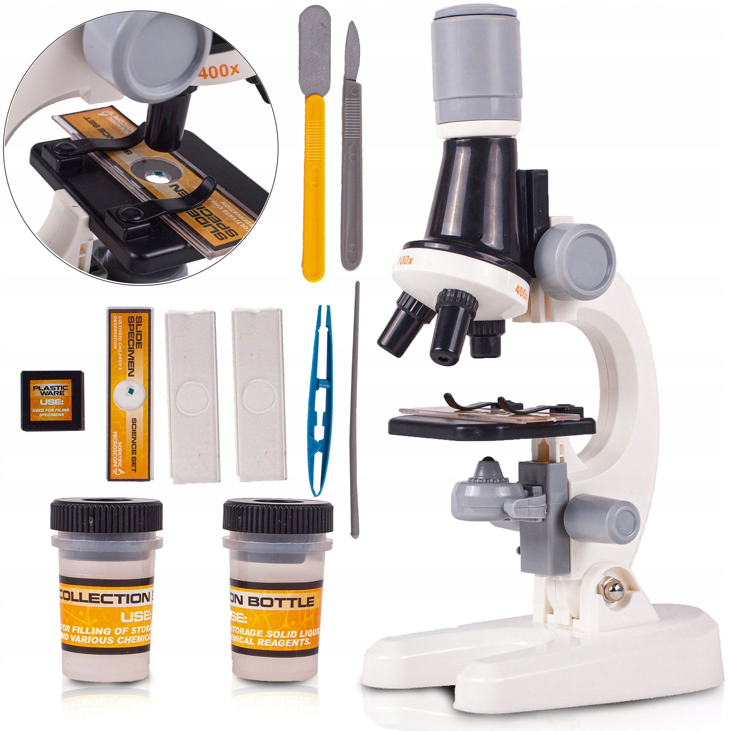 Microscop Stiintific Pentru Copii Scientific Microscope idealStore, Dimensiuni 21 x 12 x 7 cm, Trei Tipuri de Marire, Cap Rotativ, Lampa pentru Iluminat, Inaltime Reglabila, Accesorii Incluse