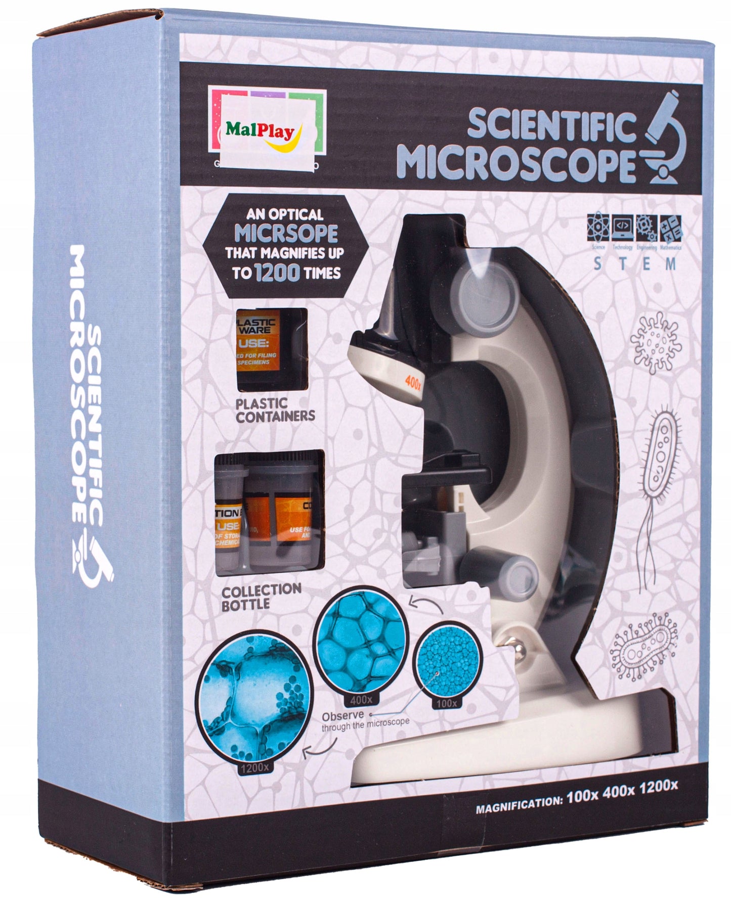 Microscop Stiintific Pentru Copii Scientific Microscope idealStore, Dimensiuni 21 x 12 x 7 cm, Trei Tipuri de Marire, Cap Rotativ, Lampa pentru Iluminat, Inaltime Reglabila, Accesorii Incluse