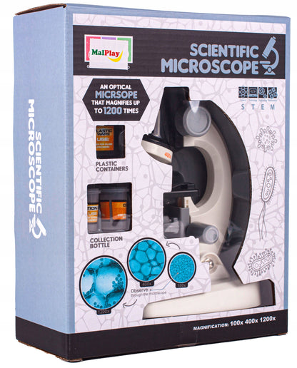 Microscop Stiintific Pentru Copii Scientific Microscope idealStore, Dimensiuni 21 x 12 x 7 cm, Trei Tipuri de Marire, Cap Rotativ, Lampa pentru Iluminat, Inaltime Reglabila, Accesorii Incluse