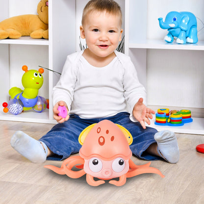Caracatita interactiva Charming Octopus idealSTORE, Dimensiuni 25x11x13 Dotata cu Sfoara de tras Ajuta la dezvoltarea psiho-motorie a copilului, Culoare Roz