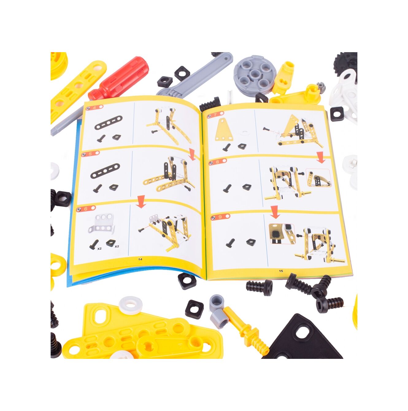 Blocuri de Constructie 8 in 1 Mega Konstruktor idealSTORE, Inlcude 100 de elemente, Surubelnita, Cheie, Posibilitatea de a construi 8 vehicule diferite, Dezvolta maginatia spatiala, abilitatile de planificare