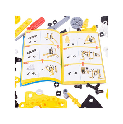 Blocuri de Constructie 8 in 1 Mega Konstruktor idealSTORE, Inlcude 100 de elemente, Surubelnita, Cheie, Posibilitatea de a construi 8 vehicule diferite, Dezvolta maginatia spatiala, abilitatile de planificare