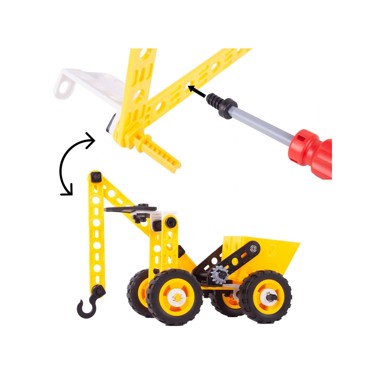 Blocuri de Constructie 8 in 1 Mega Konstruktor idealSTORE, Inlcude 100 de elemente, Surubelnita, Cheie, Posibilitatea de a construi 8 vehicule diferite, Dezvolta maginatia spatiala, abilitatile de planificare