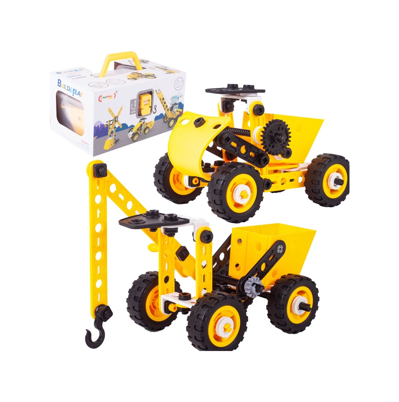 Blocuri de Constructie 8 in 1 Mega Konstruktor idealSTORE, Inlcude 100 de elemente, Surubelnita, Cheie, Posibilitatea de a construi 8 vehicule diferite, Dezvolta maginatia spatiala, abilitatile de planificare