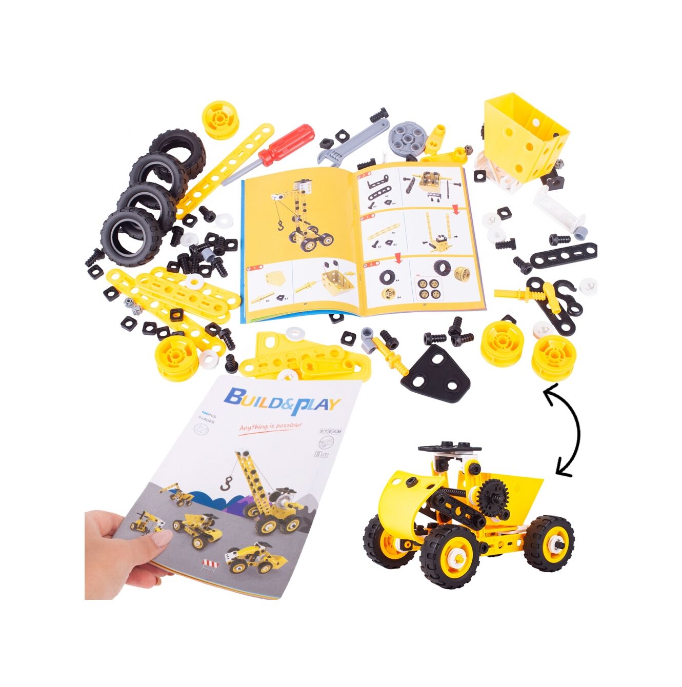 Blocuri de Constructie 8 in 1 Mega Konstruktor idealSTORE, Inlcude 100 de elemente, Surubelnita, Cheie, Posibilitatea de a construi 8 vehicule diferite, Dezvolta maginatia spatiala, abilitatile de planificare