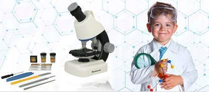 Microscop Stiinfic Multifunctional I'Micro idealSTORE, Dimensiuni 22 x 10 x 16 cm, Lampa LED Reglare a setarilor de pregatire 3 Lentile de marire, Buton pentru rotire, Reglare a sursei de lumina Picioare Antiderapante