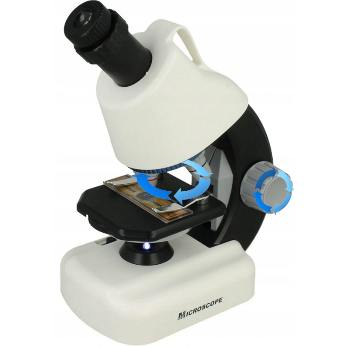 Microscop Stiinfic Multifunctional I'Micro idealSTORE, Dimensiuni 22 x 10 x 16 cm, Lampa LED Reglare a setarilor de pregatire 3 Lentile de marire, Buton pentru rotire, Reglare a sursei de lumina Picioare Antiderapante