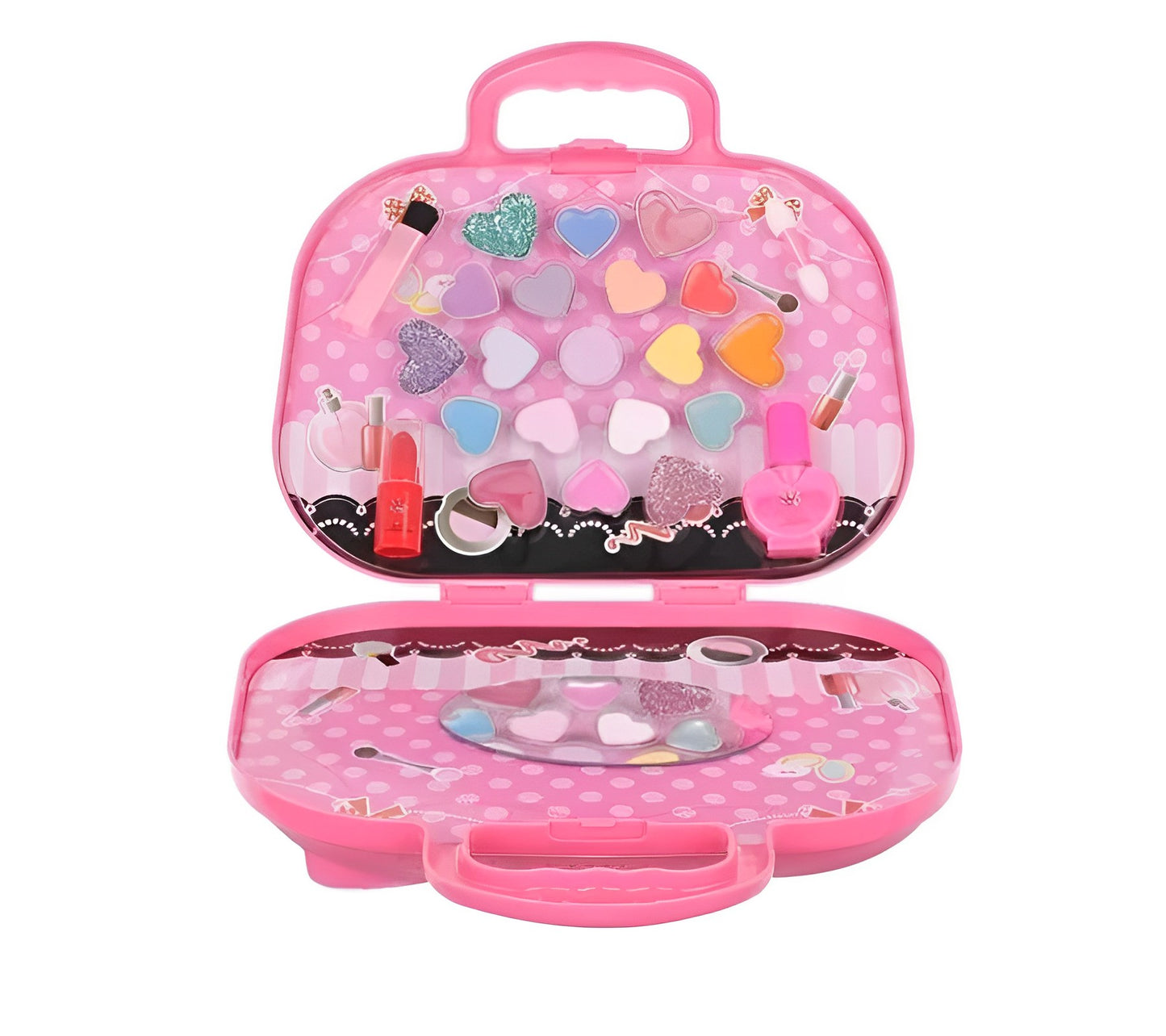 Set make up pentru fetite GlamChic IdealStore, Dimensiune 19 X 20 X 5 cm, Contine 25 de elemente,19 farduri, Oja, Ruj, Pedrie si o Oglinda, Pink Edition