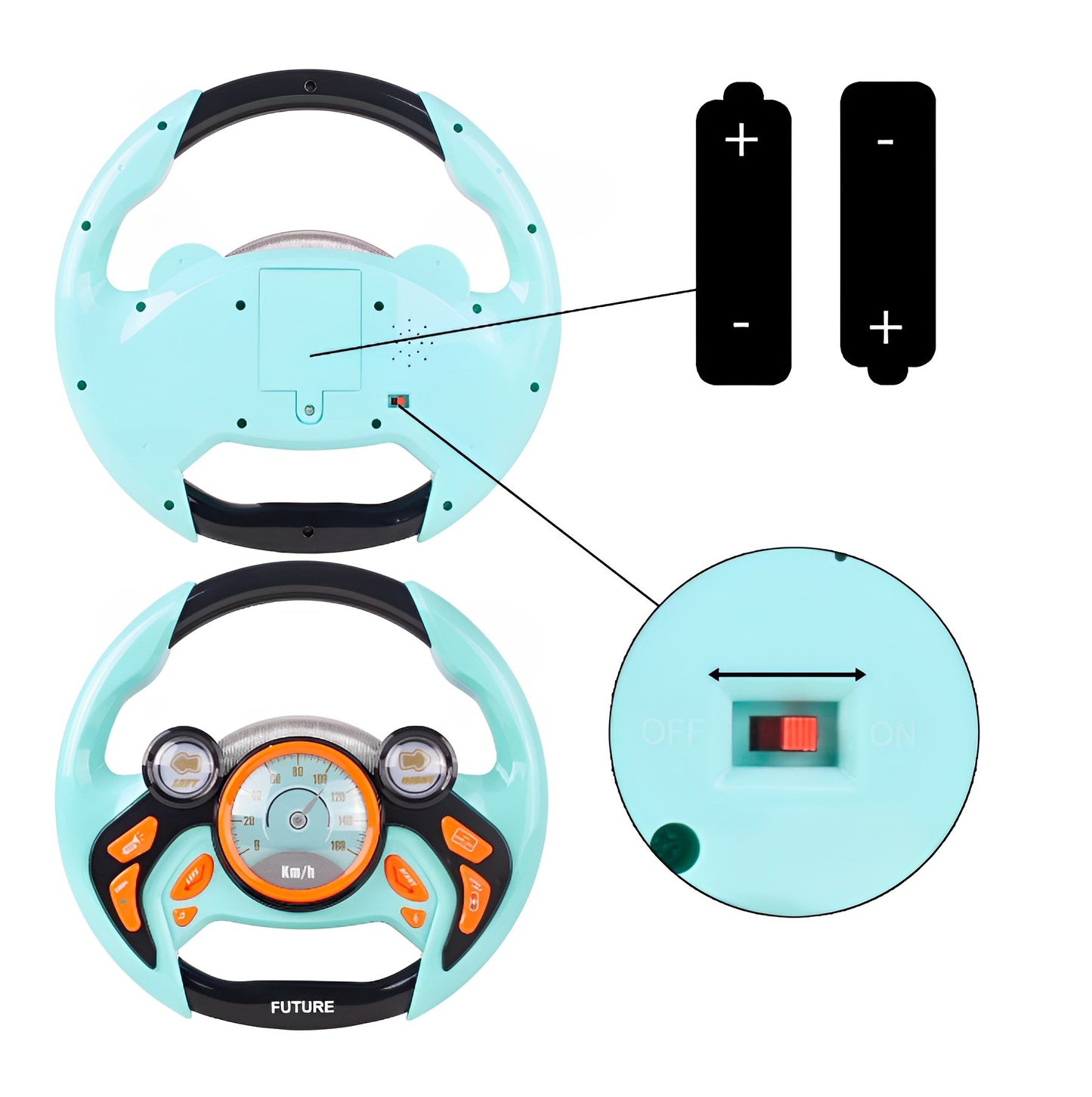 Volan interactiv pentru copii Fun Drive IdealStore, Dimensiune 25 X 24 X 3.5, Efecte Sunete, Lumini, Claxon, Buton start/stop, Culoare Albastru