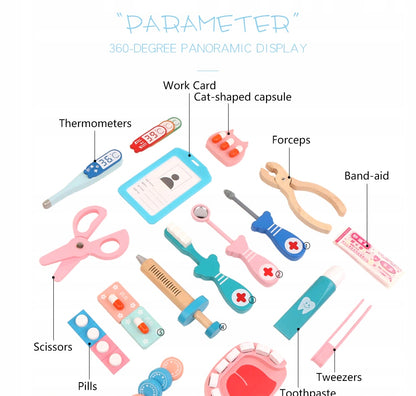 Trusa Medicala din lemn Dentistry Luxury idealSTORE, Include Diverse Accesorii Dentare, Termometru, Stetoscop, Seringa, Mulaj dentar, Joc Creativ si Interactiv, Geanta Depozitare