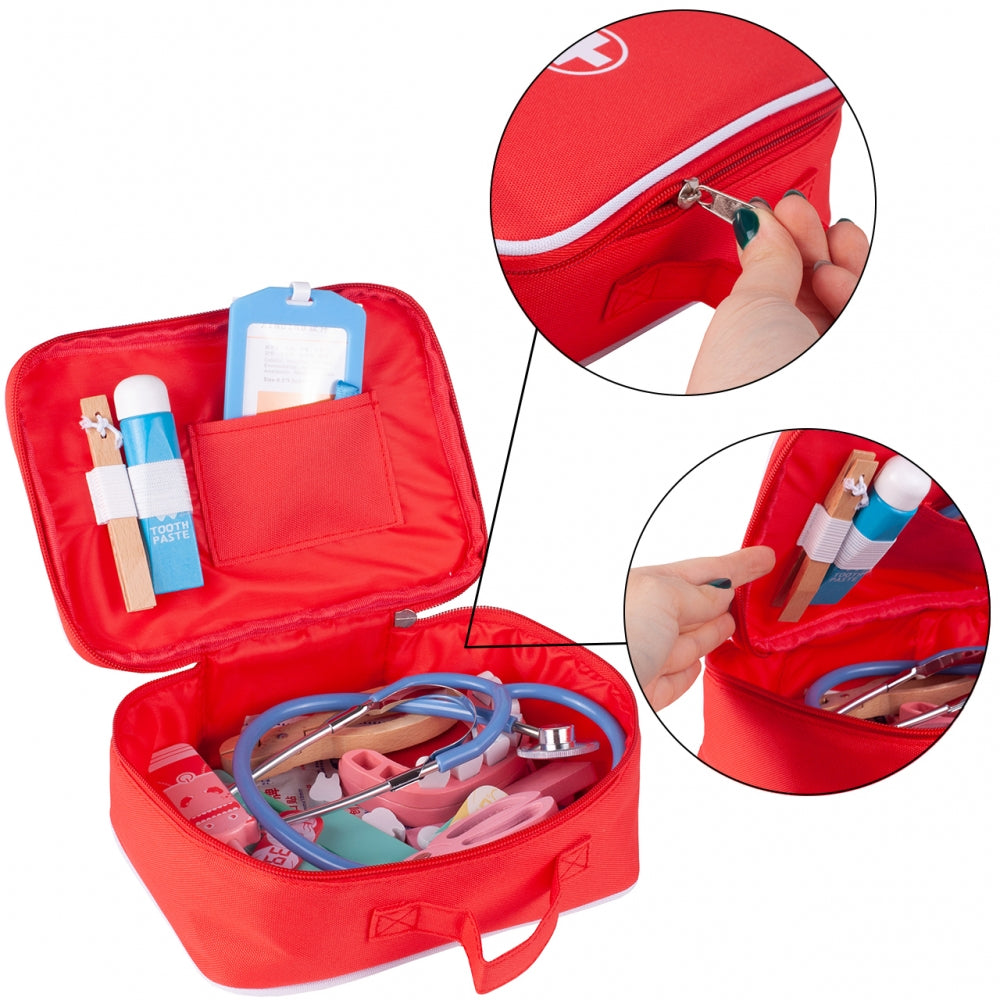 Trusa Medicala din lemn Dentistry Luxury idealSTORE, Include Diverse Accesorii Dentare, Termometru, Stetoscop, Seringa, Mulaj dentar, Joc Creativ si Interactiv, Geanta Depozitare