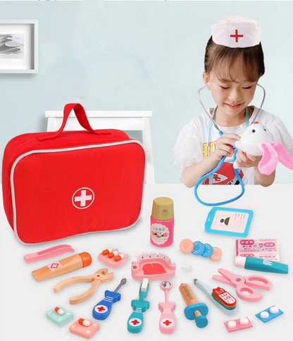 Trusa Medicala din lemn Dentistry Luxury idealSTORE, Include Diverse Accesorii Dentare, Termometru, Stetoscop, Seringa, Mulaj dentar, Joc Creativ si Interactiv, Geanta Depozitare