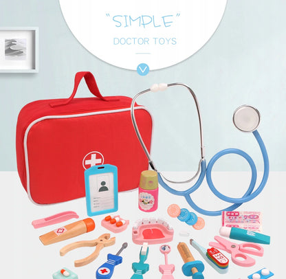 Trusa Medicala din lemn Dentistry Luxury idealSTORE, Include Diverse Accesorii Dentare, Termometru, Stetoscop, Seringa, Mulaj dentar, Joc Creativ si Interactiv, Geanta Depozitare