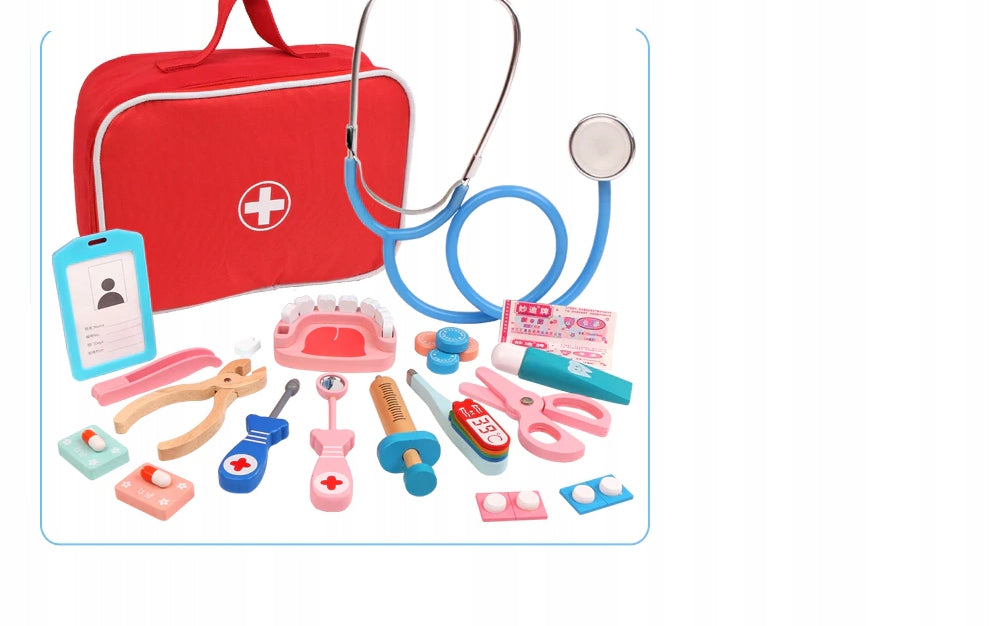 Trusa Medicala din lemn Dentistry Luxury idealSTORE, Include Diverse Accesorii Dentare, Termometru, Stetoscop, Seringa, Mulaj dentar, Joc Creativ si Interactiv, Geanta Depozitare