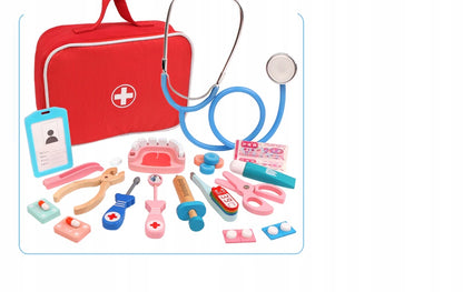 Trusa Medicala din lemn Dentistry Luxury idealSTORE, Include Diverse Accesorii Dentare, Termometru, Stetoscop, Seringa, Mulaj dentar, Joc Creativ si Interactiv, Geanta Depozitare