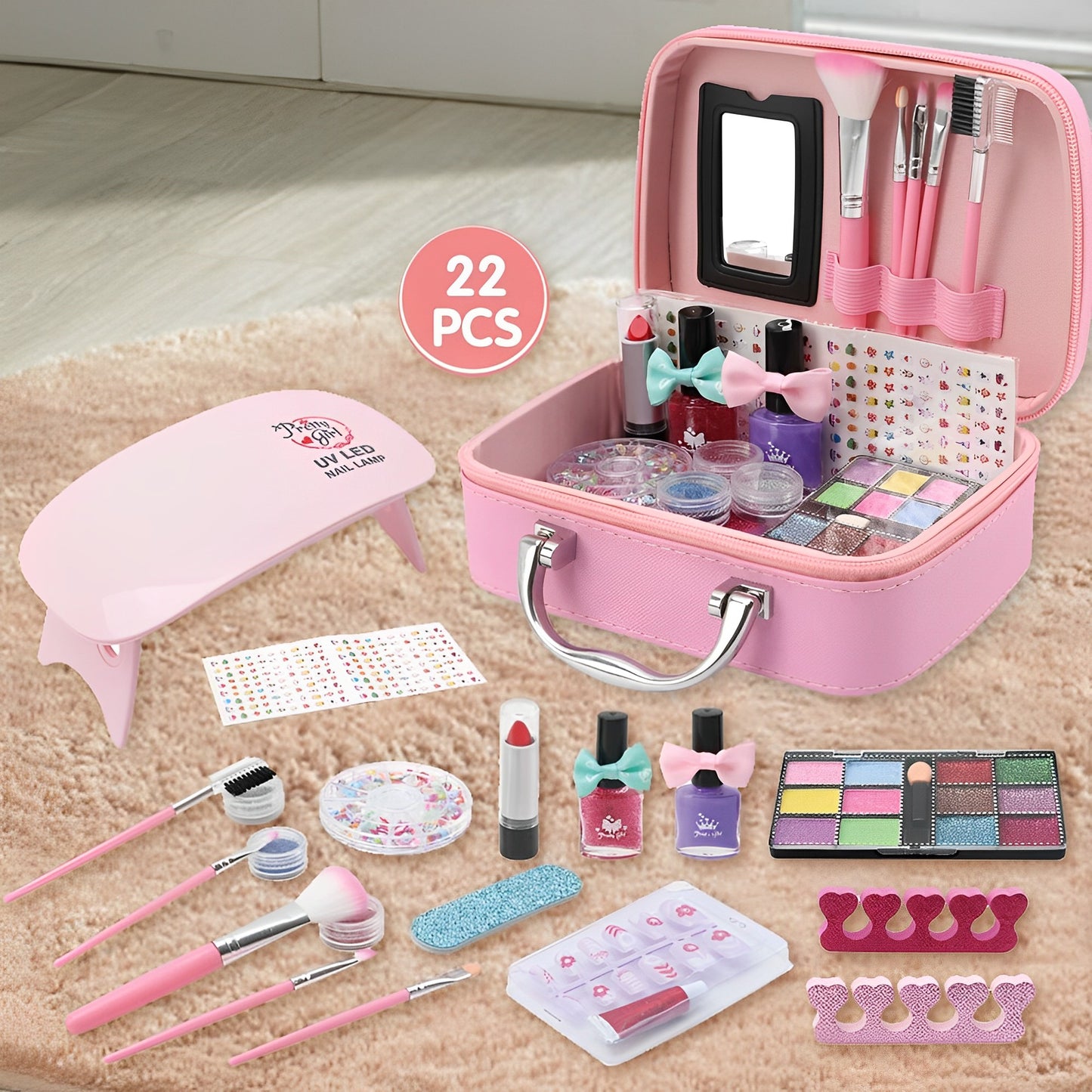 Trusa de Machiaj pentru copii LittlePrincess IdealStore, Include o multime de elemente pentru infrumusetare, Dar elemente si pentru ingrijirea unghiilor, Lampa UV, Geanta cu maner pentru transport