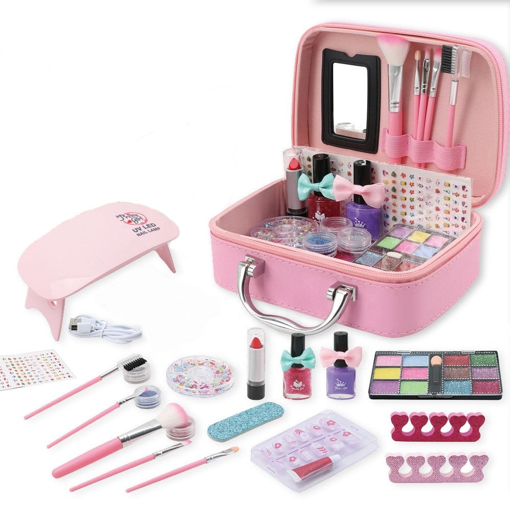 Trusa de Machiaj pentru copii LittlePrincess IdealStore, Include o multime de elemente pentru infrumusetare, Dar elemente si pentru ingrijirea unghiilor, Lampa UV, Geanta cu maner pentru transport