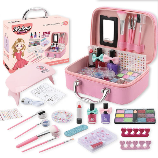 Trusa de Machiaj pentru copii LittlePrincess IdealStore, Include o multime de elemente pentru infrumusetare, Dar elemente si pentru ingrijirea unghiilor, Lampa UV, Geanta cu maner pentru transport