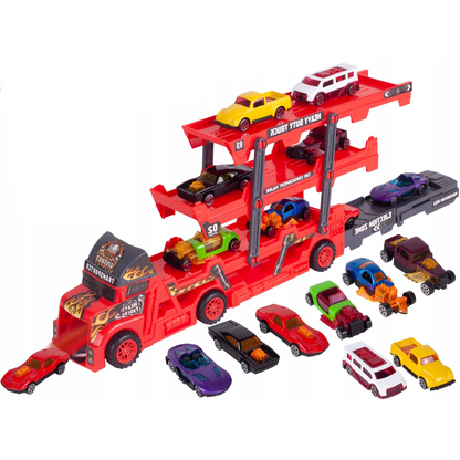 Camion Interactiv Car Laucher idealSTORE, Echipat cu 8 masinute pentru lansare pe 3 nivele, Roti rezistente din cauciuc, Rampa, Fabricat din plastic Durabil, Dezvolta coordonarea si abilitatile motorii ale copilului mic