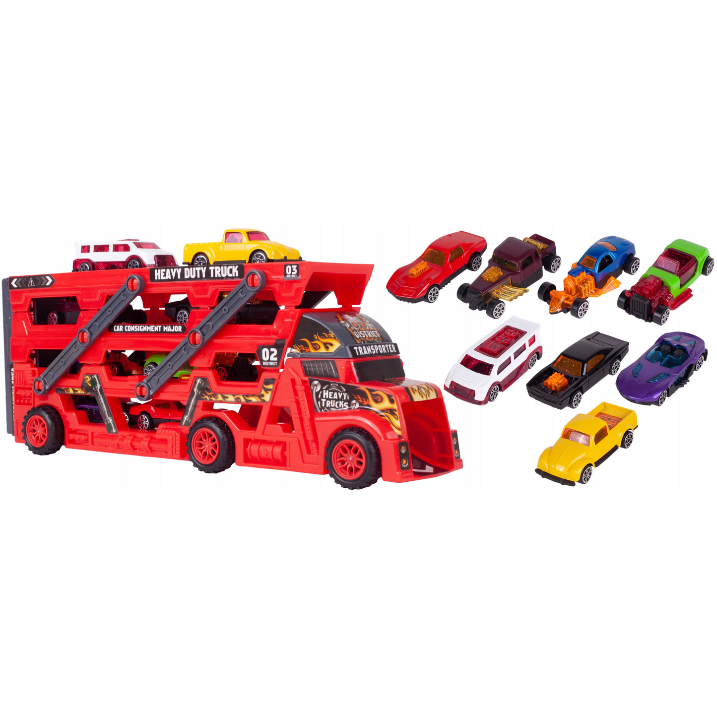 Camion Interactiv Car Laucher idealSTORE, Echipat cu 8 masinute pentru lansare pe 3 nivele, Roti rezistente din cauciuc, Rampa, Fabricat din plastic Durabil, Dezvolta coordonarea si abilitatile motorii ale copilului mic