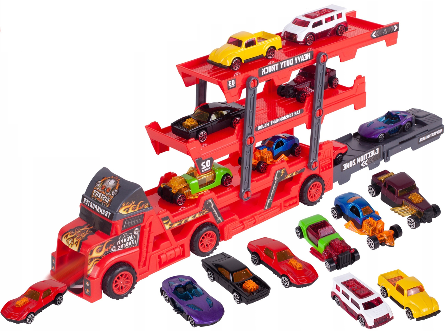 Camion Interactiv Car Laucher idealSTORE, Echipat cu 8 masinute pentru lansare pe 3 nivele, Roti rezistente din cauciuc, Rampa, Fabricat din plastic Durabil, Dezvolta coordonarea si abilitatile motorii ale copilului mic