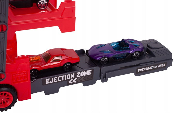 Camion Interactiv Car Laucher idealSTORE, Echipat cu 8 masinute pentru lansare pe 3 nivele, Roti rezistente din cauciuc, Rampa, Fabricat din plastic Durabil, Dezvolta coordonarea si abilitatile motorii ale copilului mic