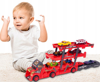 Camion Interactiv Car Laucher idealSTORE, Echipat cu 8 masinute pentru lansare pe 3 nivele, Roti rezistente din cauciuc, Rampa, Fabricat din plastic Durabil, Dezvolta coordonarea si abilitatile motorii ale copilului mic