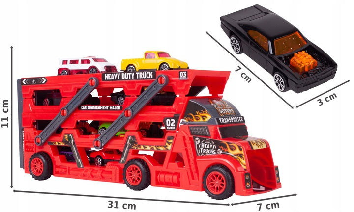 Camion Interactiv Car Laucher idealSTORE, Echipat cu 8 masinute pentru lansare pe 3 nivele, Roti rezistente din cauciuc, Rampa, Fabricat din plastic Durabil, Dezvolta coordonarea si abilitatile motorii ale copilului mic