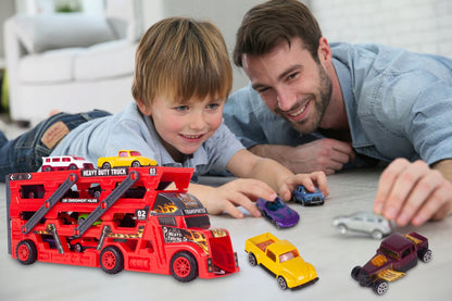 Camion Interactiv Car Laucher idealSTORE, Echipat cu 8 masinute pentru lansare pe 3 nivele, Roti rezistente din cauciuc, Rampa, Fabricat din plastic Durabil, Dezvolta coordonarea si abilitatile motorii ale copilului mic