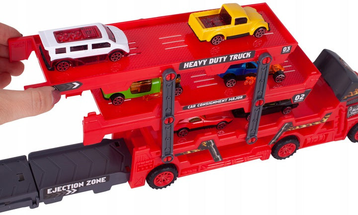 Camion Interactiv Car Laucher idealSTORE, Echipat cu 8 masinute pentru lansare pe 3 nivele, Roti rezistente din cauciuc, Rampa, Fabricat din plastic Durabil, Dezvolta coordonarea si abilitatile motorii ale copilului mic