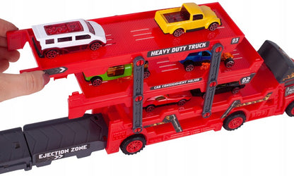 Camion Interactiv Car Laucher idealSTORE, Echipat cu 8 masinute pentru lansare pe 3 nivele, Roti rezistente din cauciuc, Rampa, Fabricat din plastic Durabil, Dezvolta coordonarea si abilitatile motorii ale copilului mic