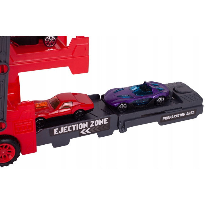 Camion Interactiv Car Laucher idealSTORE, Echipat cu 8 masinute pentru lansare pe 3 nivele, Roti rezistente din cauciuc, Rampa, Fabricat din plastic Durabil, Dezvolta coordonarea si abilitatile motorii ale copilului mic