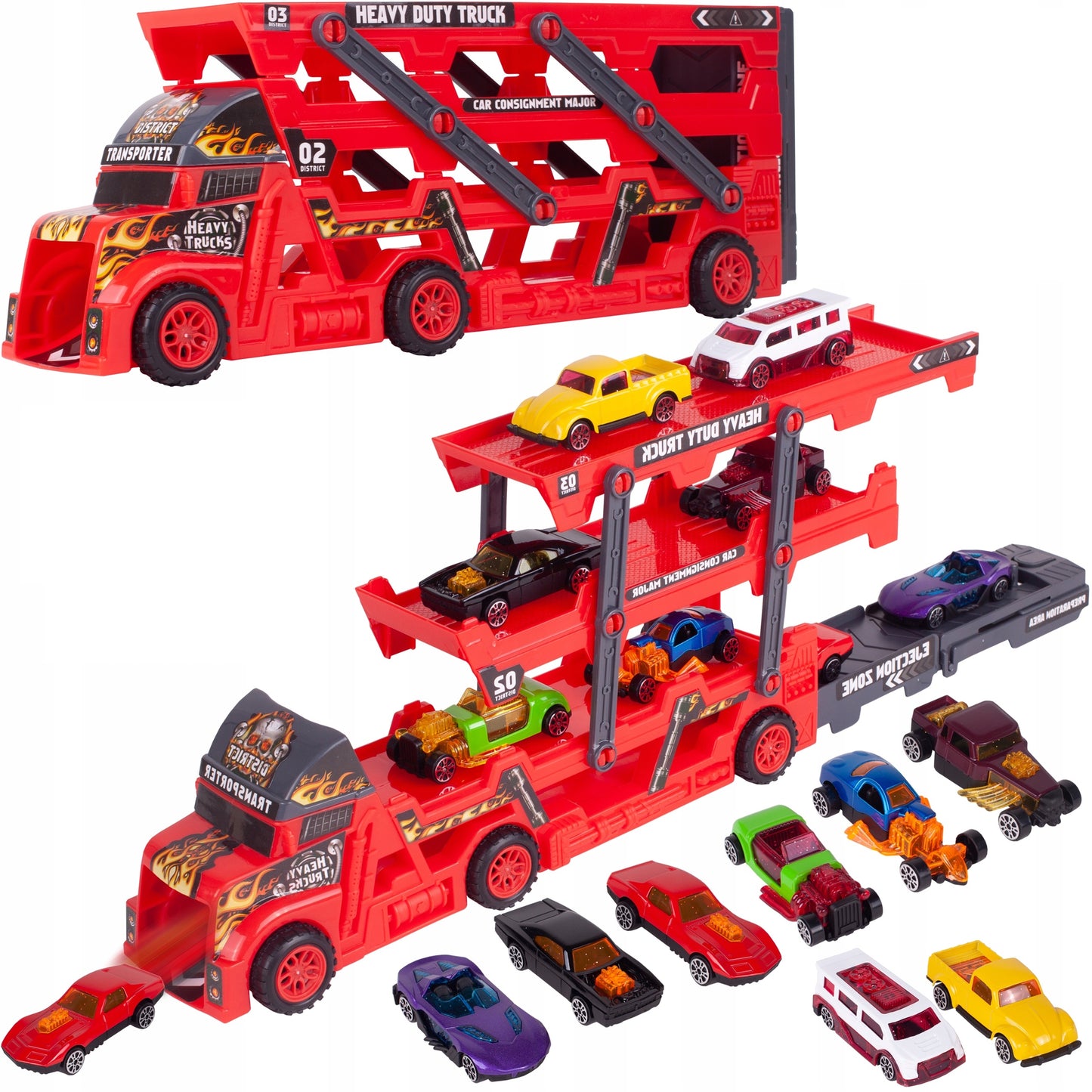 Camion Interactiv Car Laucher idealSTORE, Echipat cu 8 masinute pentru lansare pe 3 nivele, Roti rezistente din cauciuc, Rampa, Fabricat din plastic Durabil, Dezvolta coordonarea si abilitatile motorii ale copilului mic