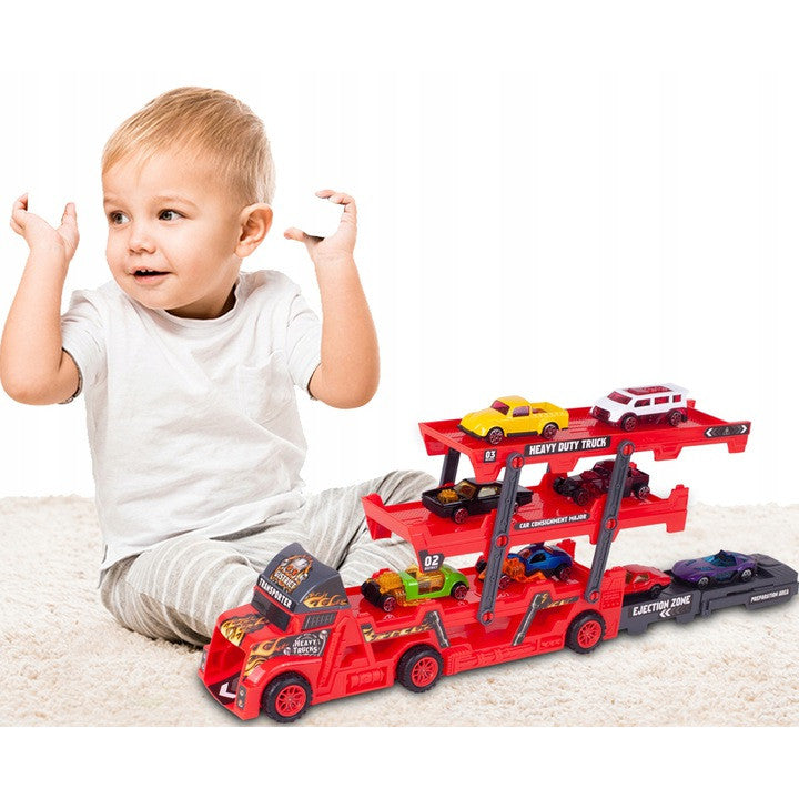 Camion Interactiv Car Laucher idealSTORE, Echipat cu 8 masinute pentru lansare pe 3 nivele, Roti rezistente din cauciuc, Rampa, Fabricat din plastic Durabil, Dezvolta coordonarea si abilitatile motorii ale copilului mic