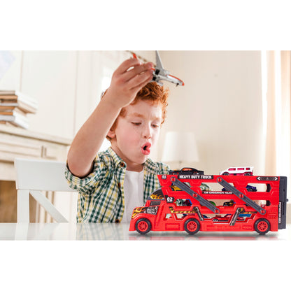 Camion Interactiv Car Laucher idealSTORE, Echipat cu 8 masinute pentru lansare pe 3 nivele, Roti rezistente din cauciuc, Rampa, Fabricat din plastic Durabil, Dezvolta coordonarea si abilitatile motorii ale copilului mic