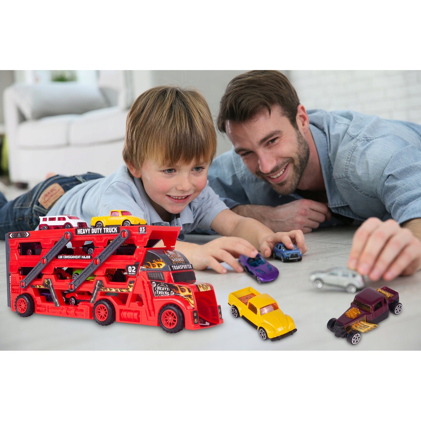 Camion Interactiv Car Laucher idealSTORE, Echipat cu 8 masinute pentru lansare pe 3 nivele, Roti rezistente din cauciuc, Rampa, Fabricat din plastic Durabil, Dezvolta coordonarea si abilitatile motorii ale copilului mic