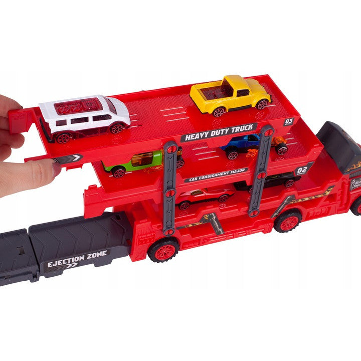 Camion Interactiv Car Laucher idealSTORE, Echipat cu 8 masinute pentru lansare pe 3 nivele, Roti rezistente din cauciuc, Rampa, Fabricat din plastic Durabil, Dezvolta coordonarea si abilitatile motorii ale copilului mic