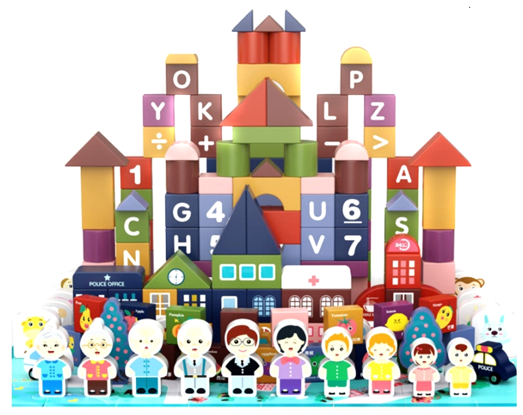 Set Constructie Cuburi din lemn natural The Merry Town idealSTORE, Include covor Puzzle,179 elemente Multicolore, Numere, Vopsea Non-Toxica, Stimuleaza Creativitatea Copilului