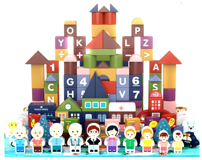 Set Constructie Cuburi din lemn natural The Merry Town idealSTORE, Include covor Puzzle,179 elemente Multicolore, Numere, Vopsea Non-Toxica, Stimuleaza Creativitatea Copilului