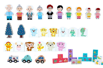 Set Constructie Cuburi din lemn natural The Merry Town idealSTORE, Include covor Puzzle,179 elemente Multicolore, Numere, Vopsea Non-Toxica, Stimuleaza Creativitatea Copilului