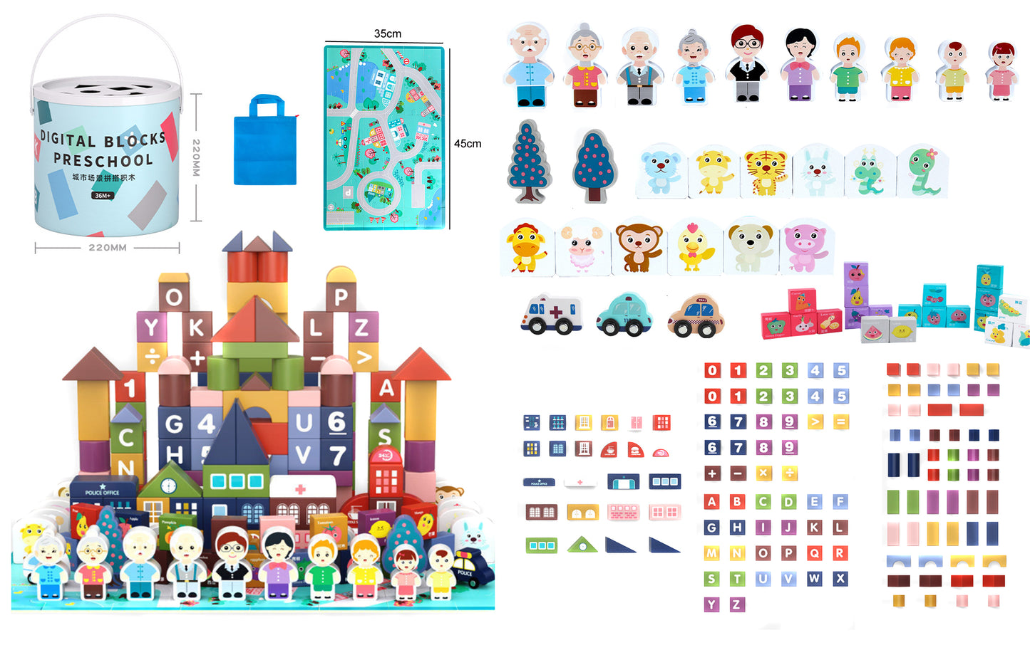 Set Constructie Cuburi din lemn natural The Merry Town idealSTORE, Include covor Puzzle, 184 elemente Multicolore Vopsea Non-Toxica, Stimuleaza Creativitatea Copilului