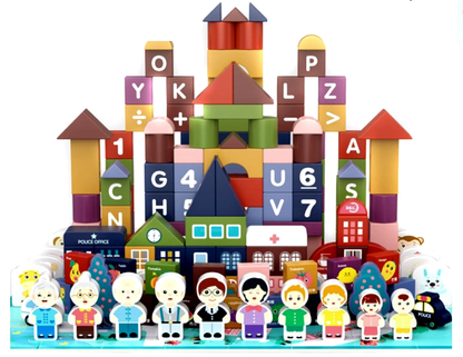 Set Constructie Cuburi din lemn natural The Merry Town idealSTORE, Include covor Puzzle, 184 elemente Multicolore Vopsea Non-Toxica, Stimuleaza Creativitatea Copilului
