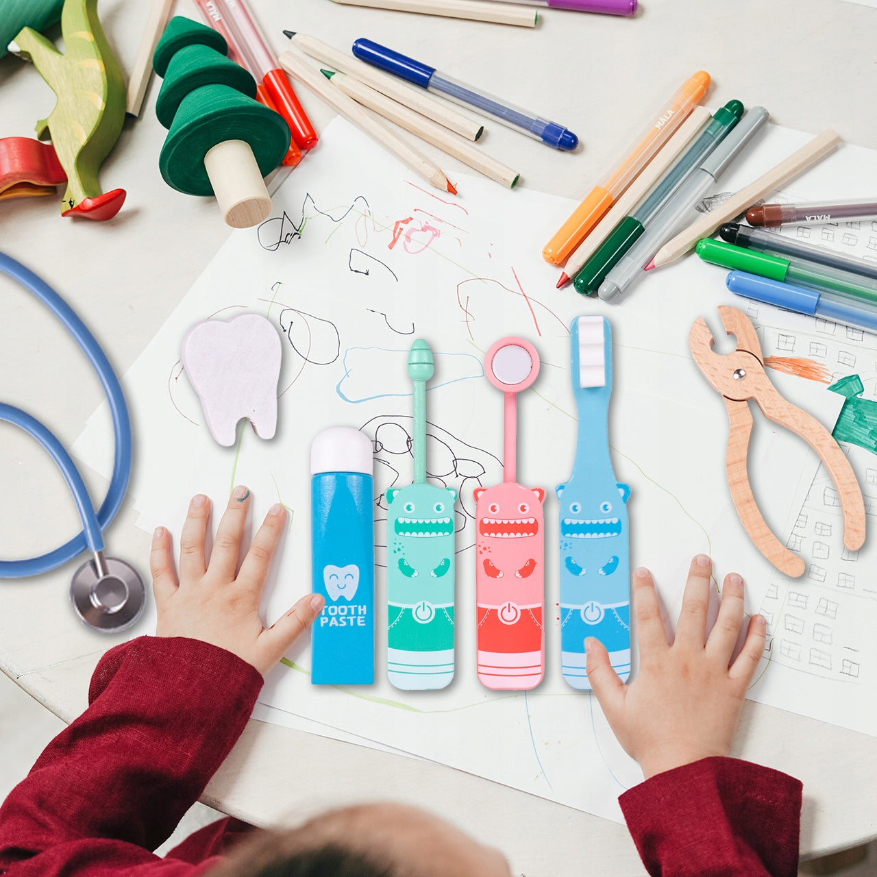 Trusa Medicala din Lemn Dentistry Smart idealSTORE, Include Diverse Accesorii Dentare, Periuta de Dinti, Stetoscop, Seringa, Burghiu, Tub de Pasta, Mulaj dentar, Cleste, Joc Creativ si Interactiv, Geanta Depozitare