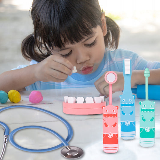 Trusa Medicala din Lemn Dentistry Smart idealSTORE, Include Diverse Accesorii Dentare, Periuta de Dinti, Stetoscop, Seringa, Burghiu, Tub de Pasta, Mulaj dentar, Cleste, Joc Creativ si Interactiv, Geanta Depozitare