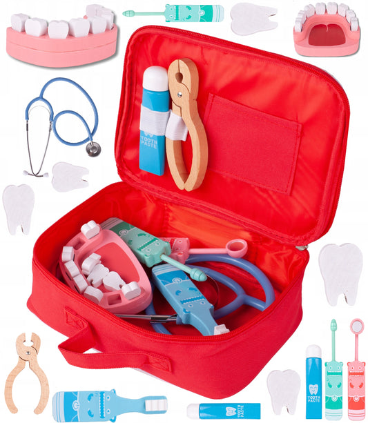 Trusa Medicala din Lemn Dentistry Smart idealSTORE, Include Diverse Accesorii Dentare, Periuta de Dinti, Stetoscop, Seringa, Burghiu, Tub de Pasta, Mulaj dentar, Cleste, Joc Creativ si Interactiv, Geanta Depozitare