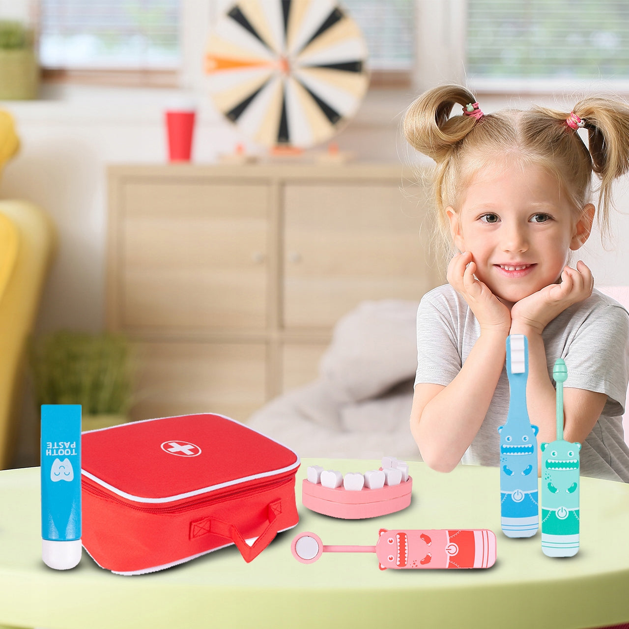 Trusa Medicala din Lemn Dentistry Smart idealSTORE, Include Diverse Accesorii Dentare, Periuta de Dinti, Stetoscop, Seringa, Burghiu, Tub de Pasta, Mulaj dentar, Cleste, Joc Creativ si Interactiv, Geanta Depozitare